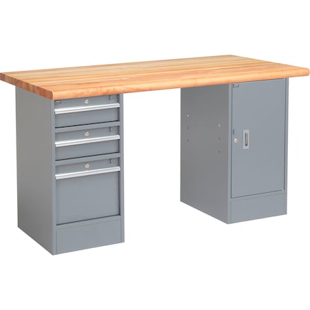 Global Industrial 60 x 30 Pedestal Workbench, 3 Drawers & Cabinet, Maple Safety Edge, Gray 607646